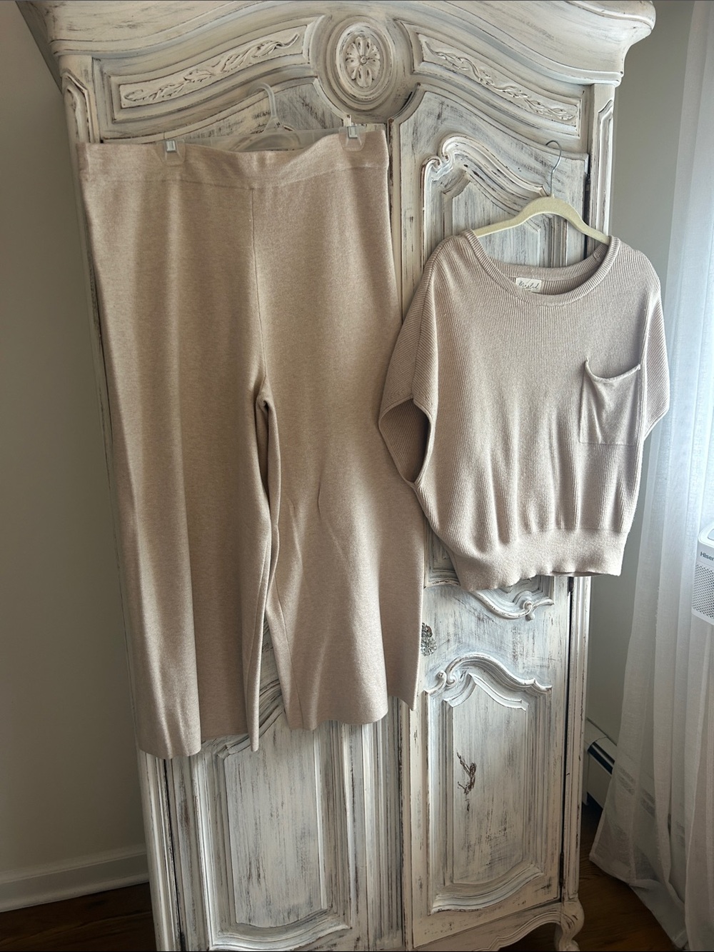 Marled Neutral Beige Knit Wide-Leg Pants & Short Sleeve Top Set
